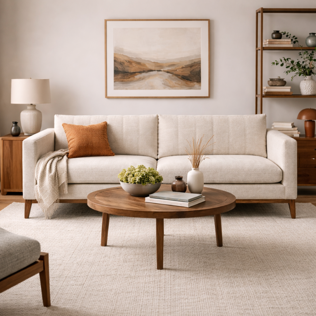 Noma modern minimalist fabric sofa with solid teakwood base and clean linear form for contemporary living rooms with a round coffee table