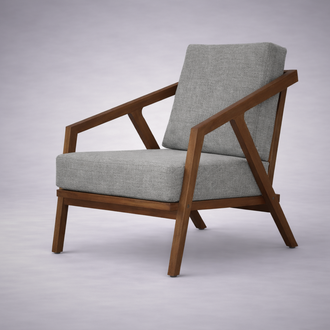 Paula S single seater modern teakwood frame sofa with upholstered cushions – iso view