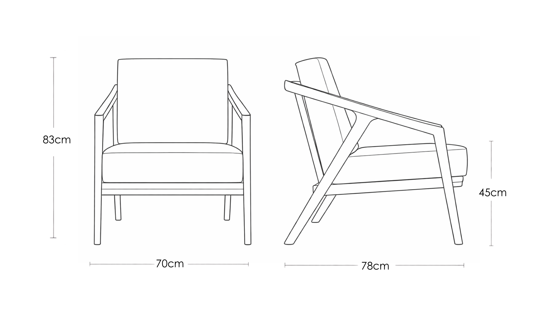 Paula S single seater modern teakwood frame sofa with upholstered cushions – dimension image