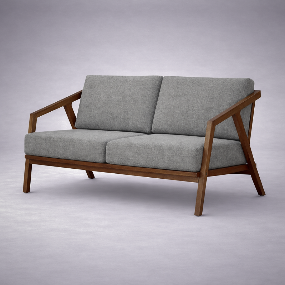 Paula S 2 seater modern teakwood frame sofa with upholstered cushions – iso view