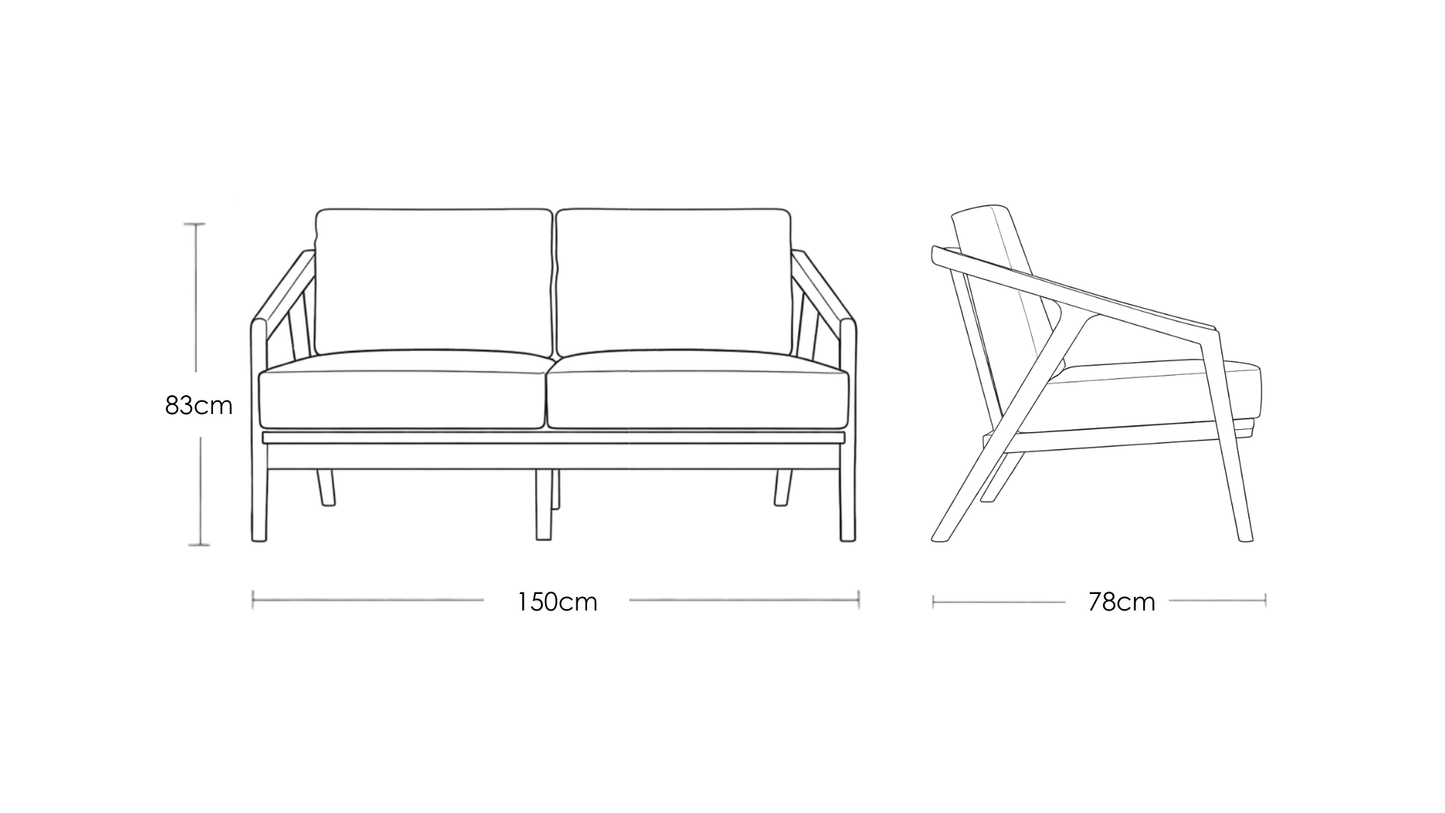 Paula S 2 seater modern teakwood frame sofa with upholstered cushions – dimension image