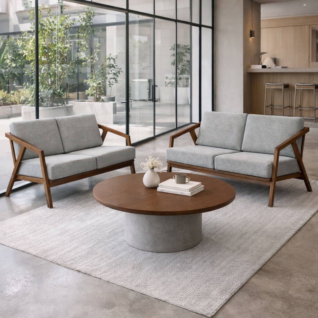 Paula S 2 seater modern teakwood frame sofa with upholstered cushions – lounge seating lifestyle image