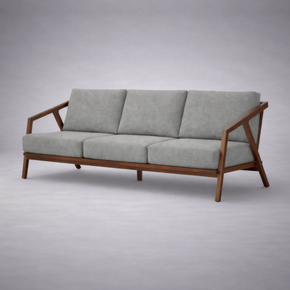 Paula S 3 seater modern teakwood frame sofa with upholstered cushions – isometric view