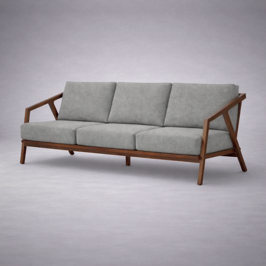 Paula S 3 seater modern teakwood frame sofa with upholstered cushions – isometric view