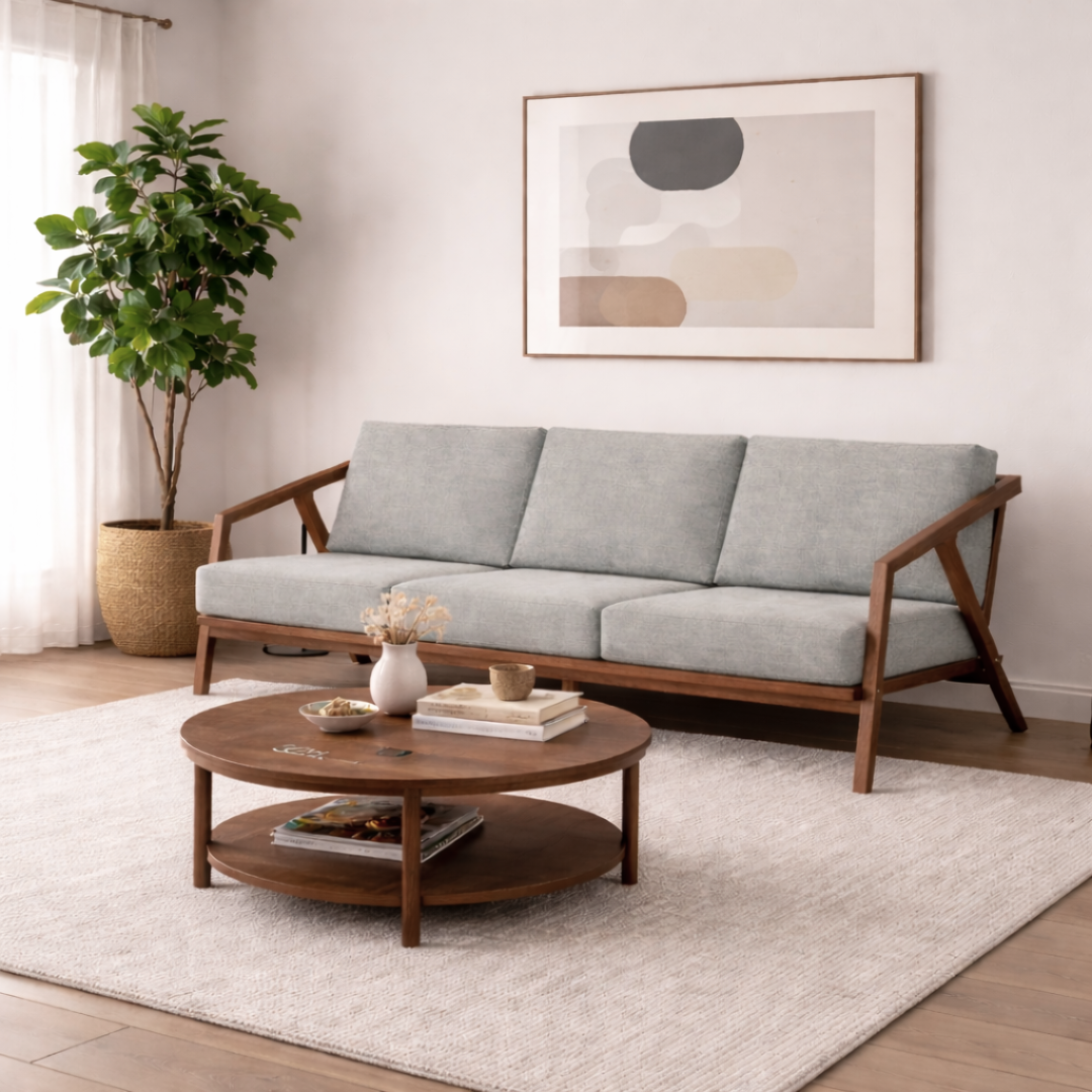 Paula S 3 seater modern teakwood frame sofa with upholstered cushions – living room lifestyle image