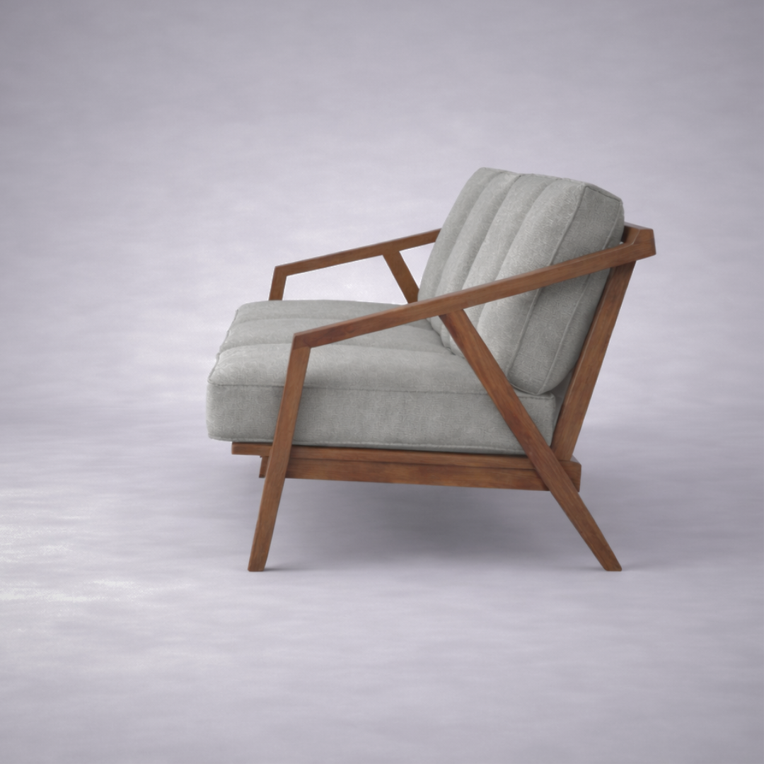 Paula S 3 seater modern teakwood frame sofa with upholstered cushions – side view
