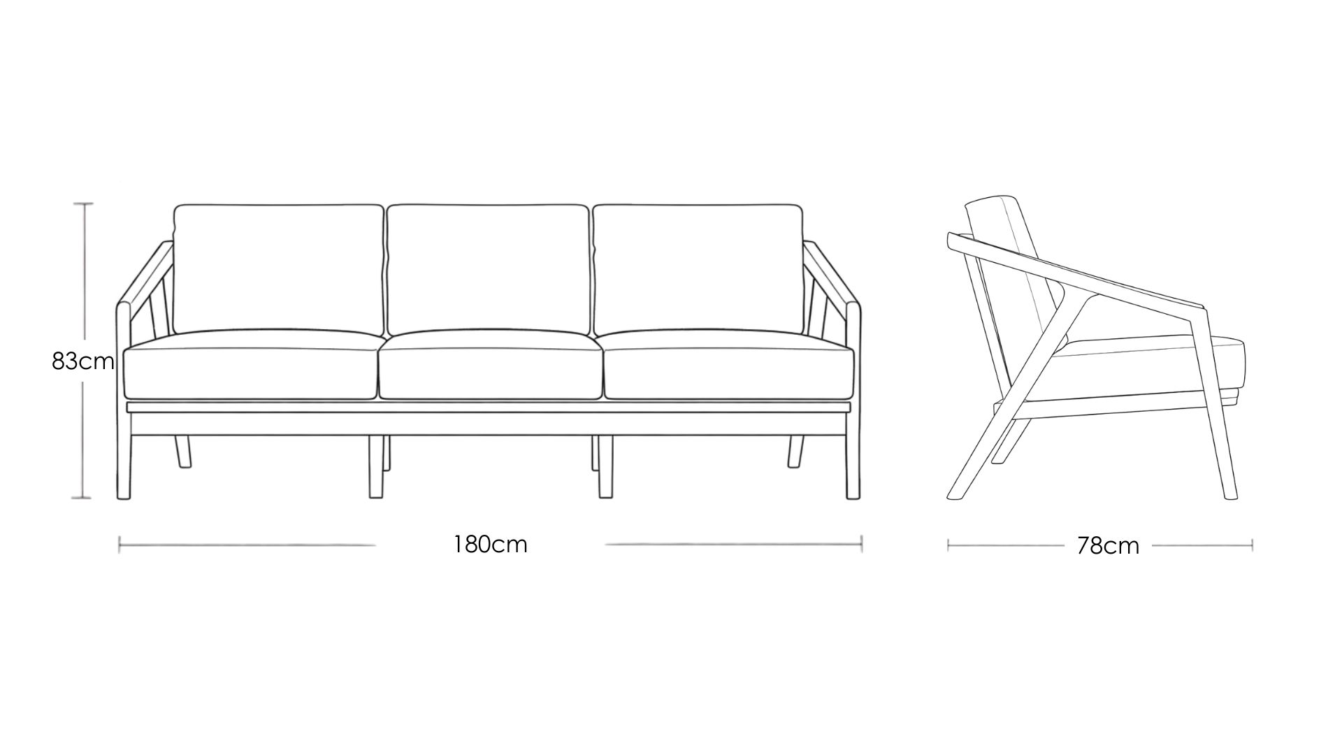 Paula S 3 seater modern teakwood frame sofa with upholstered cushions – dimension image