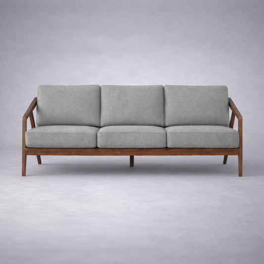 Paula S 3 seater modern teakwood frame sofa with upholstered cushions – front view