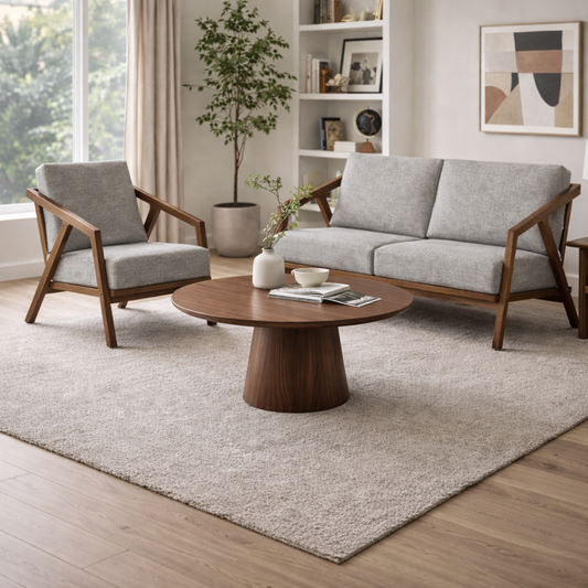 Paula S 2 and 1 seater modern teakwood frame sofa with upholstered cushions – living room setup