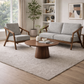 Paula S 2 and 1 seater modern teakwood frame sofa with upholstered cushions – living room setup