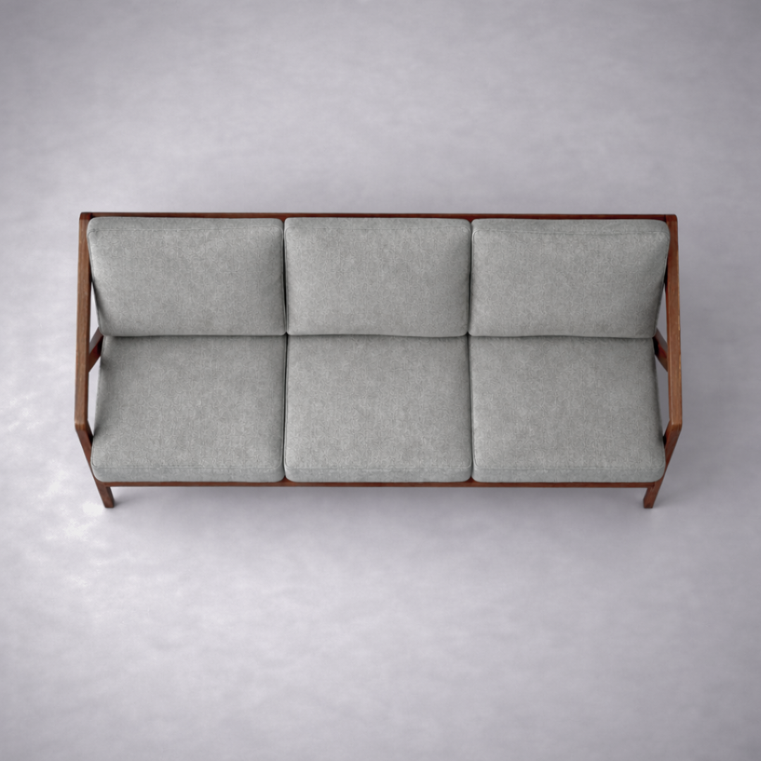 Paula S 3 seater modern teakwood frame sofa with upholstered cushions – top view