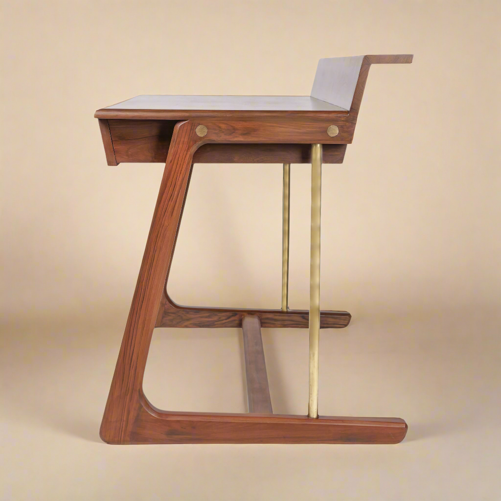Wooden desk with a white surface on a white background