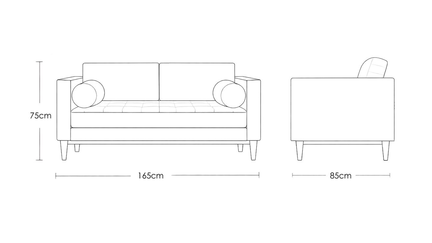 Roan F modern teakwood sofa in textured neutral fabric with bolster cushions and solid wood base for contemporary living rooms – dimension image