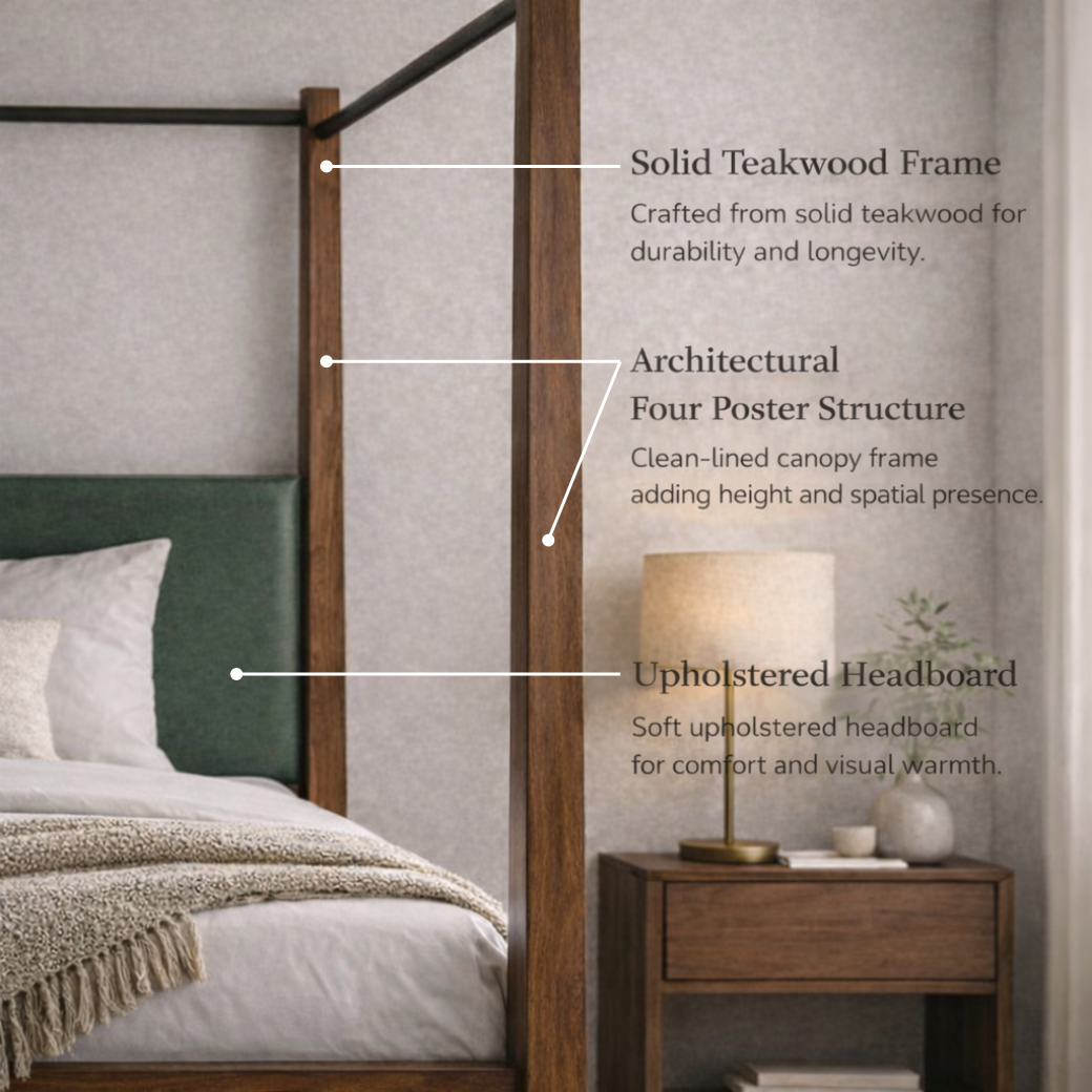 Sama teakwood canopy bed with metal frame members in a styled bedroom setting - material & design details