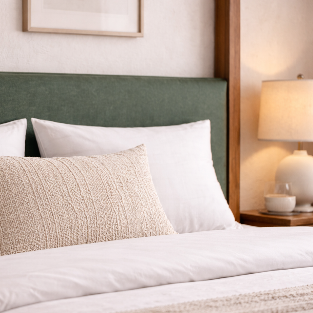 Sama teakwood canopy bed with metal frame members in a styled bedroom setting - headboard detail