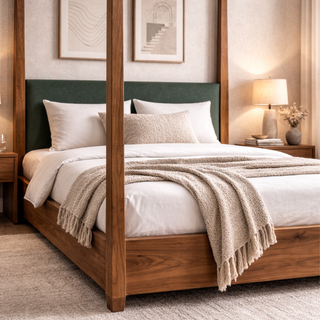 Sama teakwood canopy bed with metal frame members in a styled bedroom setting- detail 