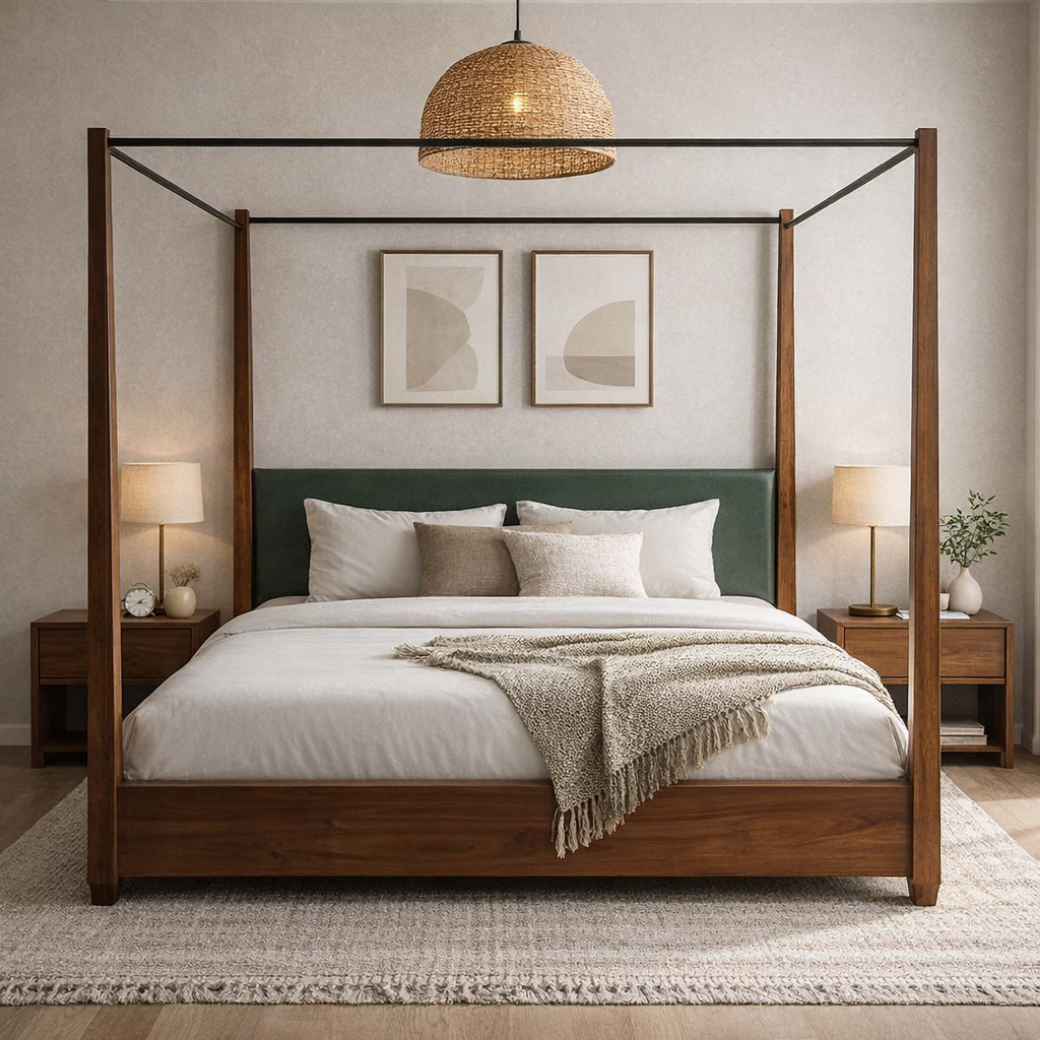 Sama teakwood canopy bed with metal frame members in a styled bedroom setting - front