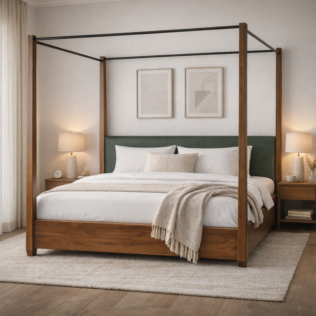 Sama teakwood canopy bed with metal frame members in a styled bedroom setting - isometric view