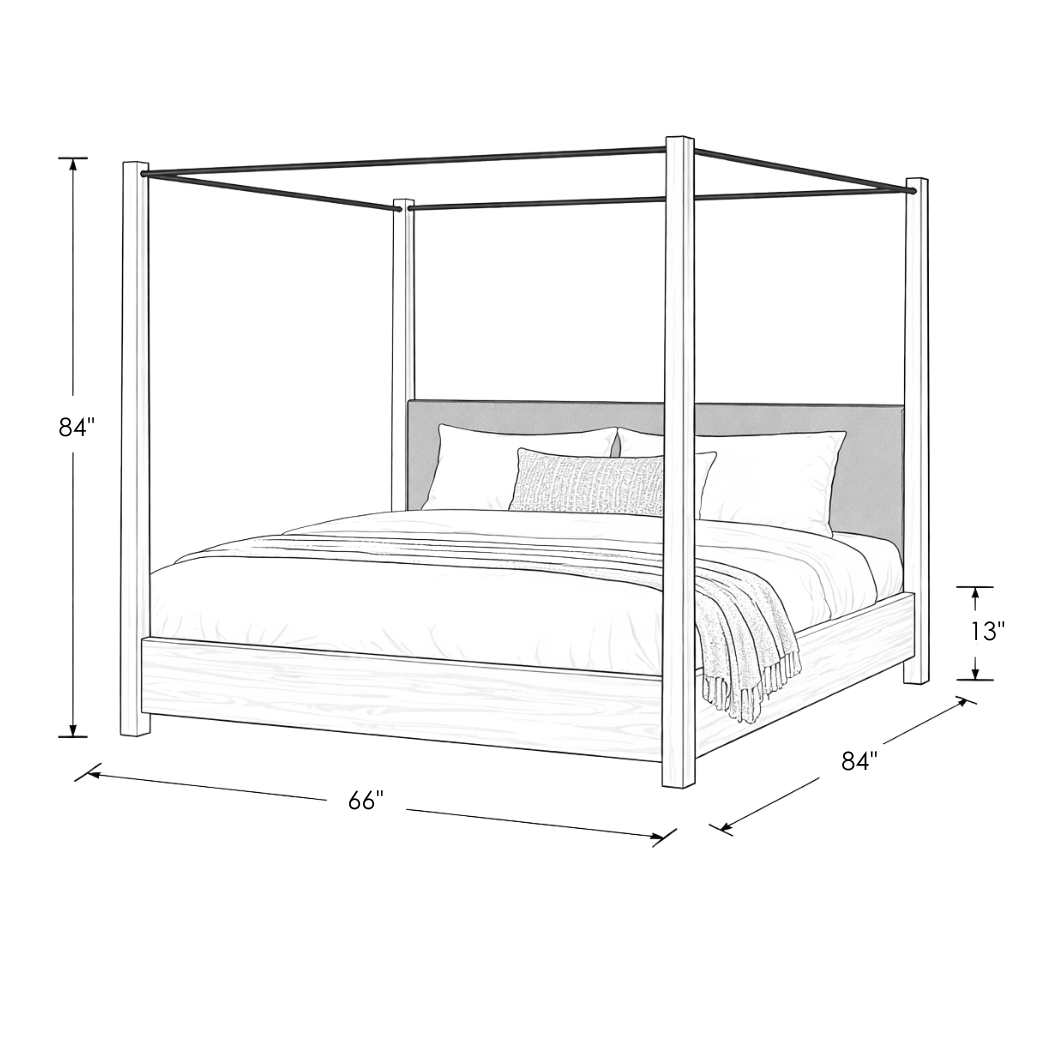 Sama teakwood canopy bed with metal frame members in a styled bedroom setting - Queen size dimension image
