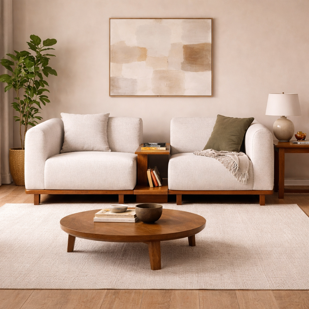Serene Duo modular modern sofa with integrated wooden side table in neutral fabric and solid teakwood base – living room