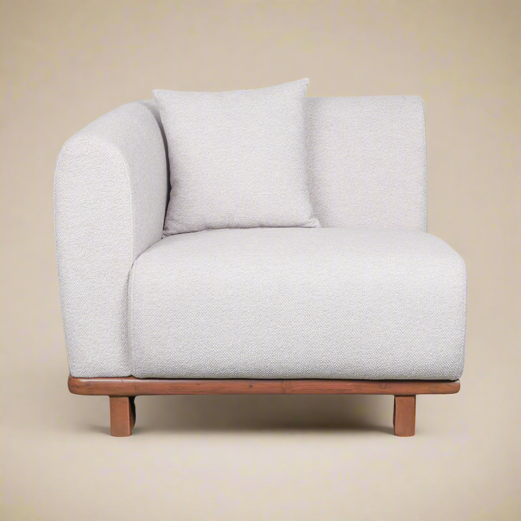Serene Duo modular modern single seater sofa in neutral fabric with solid teakwood base and loose cushions – front view