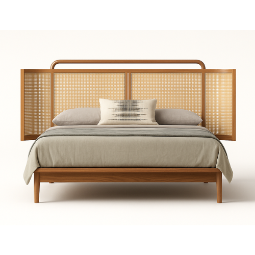 Taru teakwood bed with woven rattan cane headboard in natural finish – front view