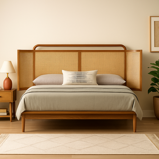 Taru teakwood bed with woven rattan cane headboard in natural finish – front view