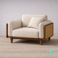 Trame mid-century modern sofa featuring a teakwood frame, woven rattan side panels, and cream fabric upholstery
