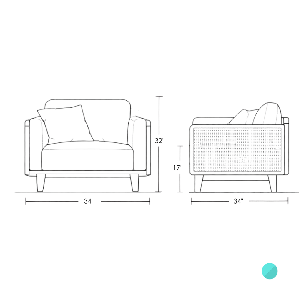 Trame mid-century modern sofa featuring a teakwood frame, woven rattan side panels, and cream fabric upholstery - dimensions 1 seater
