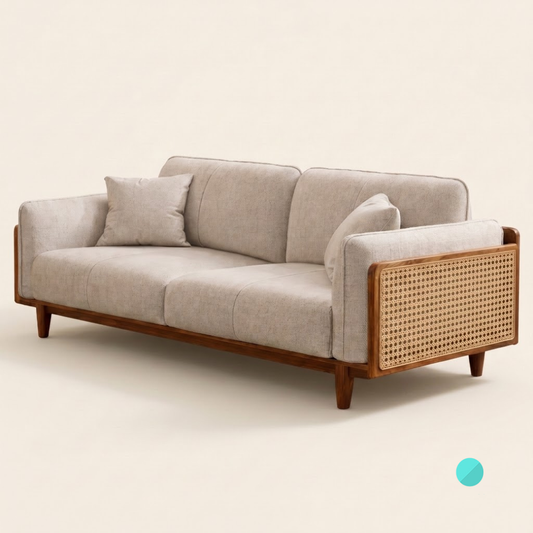 Trame mid-century modern sofa featuring a teakwood frame, woven rattan side panels, and cream fabric upholstery