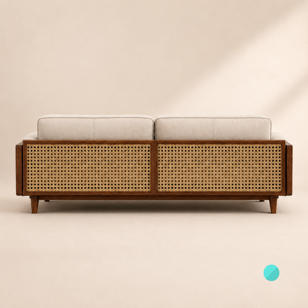 Trame mid-century modern sofa featuring a teakwood frame, woven rattan side panels, and cream fabric upholstery