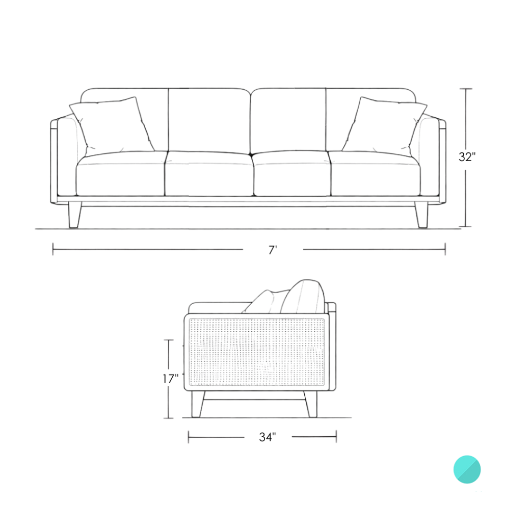 Trame mid-century modern sofa featuring a teakwood frame, woven rattan side panels, and cream fabric upholstery - dimensions 3 seater
