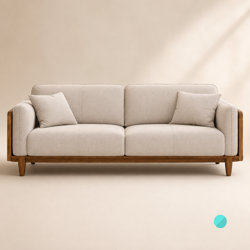 Trame mid-century modern sofa featuring a teakwood frame, woven rattan side panels, and cream fabric upholstery