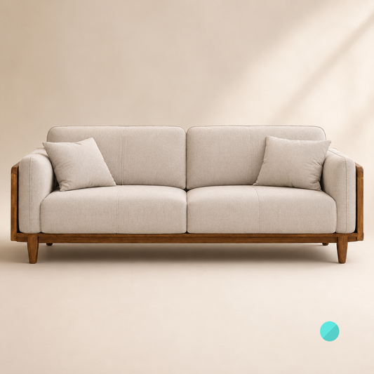 Trame mid-century modern sofa featuring a teakwood frame, woven rattan side panels, and cream fabric upholstery