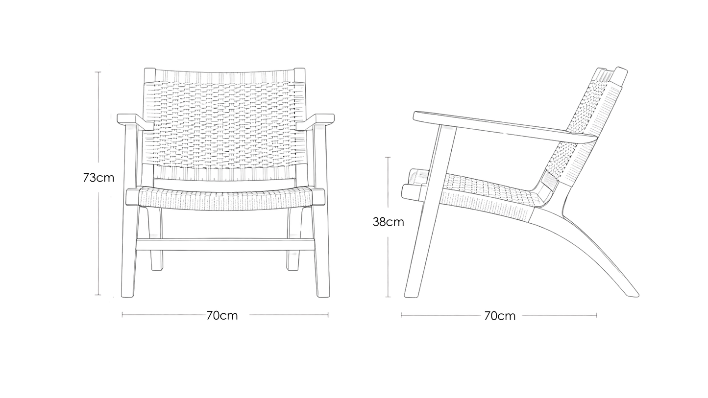 Cassia rope weave teakwood lounge chair handcrafted in solid wood by Bluedot Design – dimension image