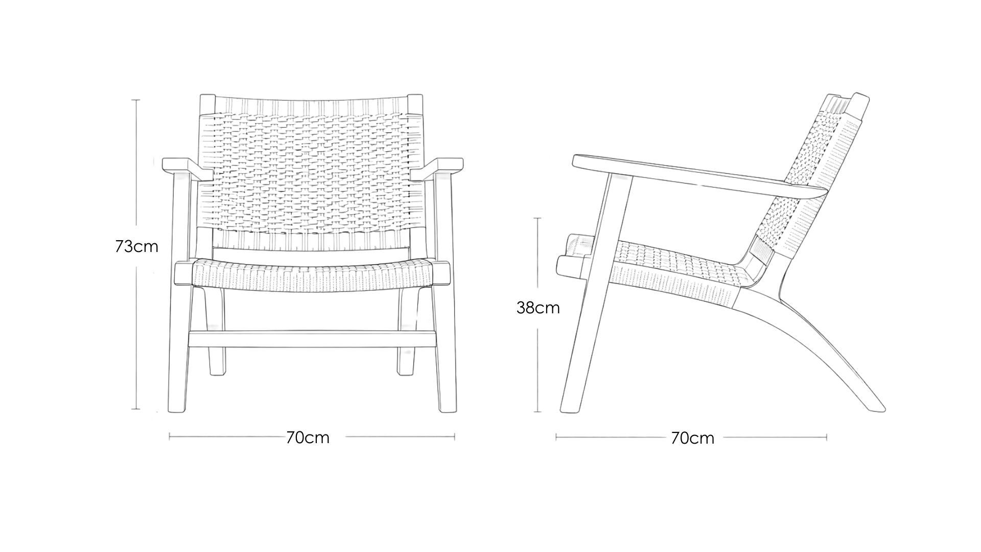 Cassia rope weave teakwood lounge chair handcrafted in solid wood by Bluedot Design – dimension image