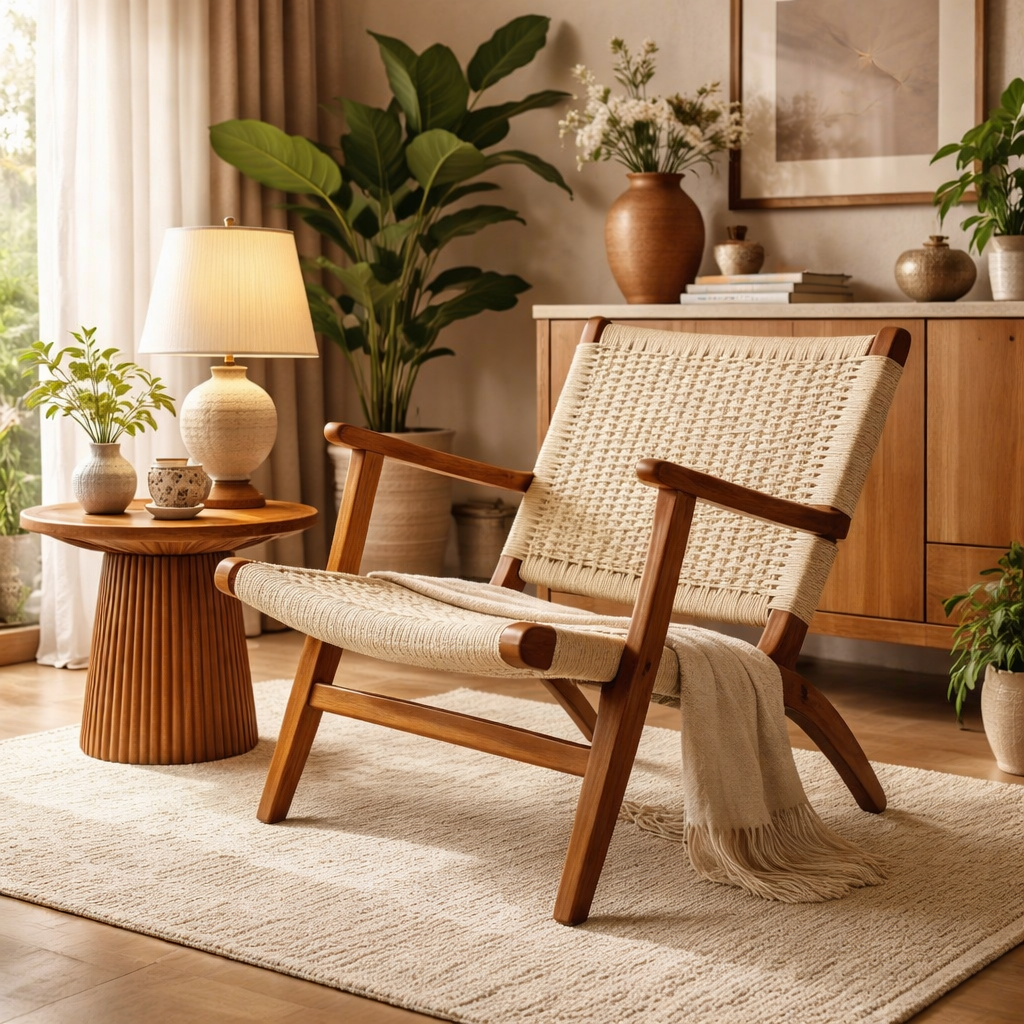Cassia rope weave teakwood lounge chair handcrafted in solid wood by Bluedot Design – stylised living room