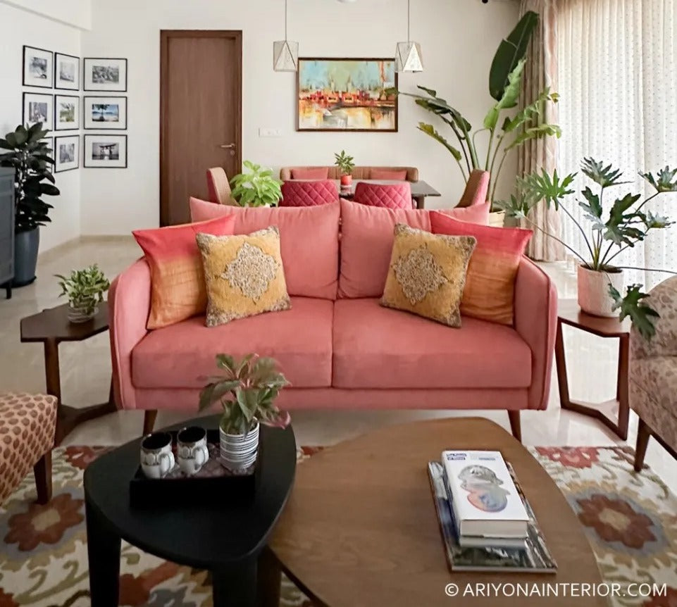 Falcon modern fabric two seater sofa with solid teakwood base and clean contemporary lines – living room_ariyona interiors