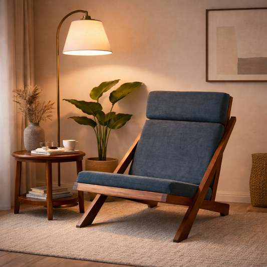James teakwood lounge chair in a reading corner with floor lamp and side table by Bluedot Design