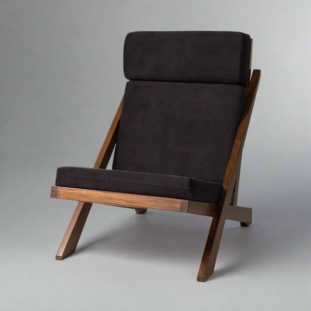 James teakwood lounge chair handcrafted by Bluedot Design – angle view - black upholstery