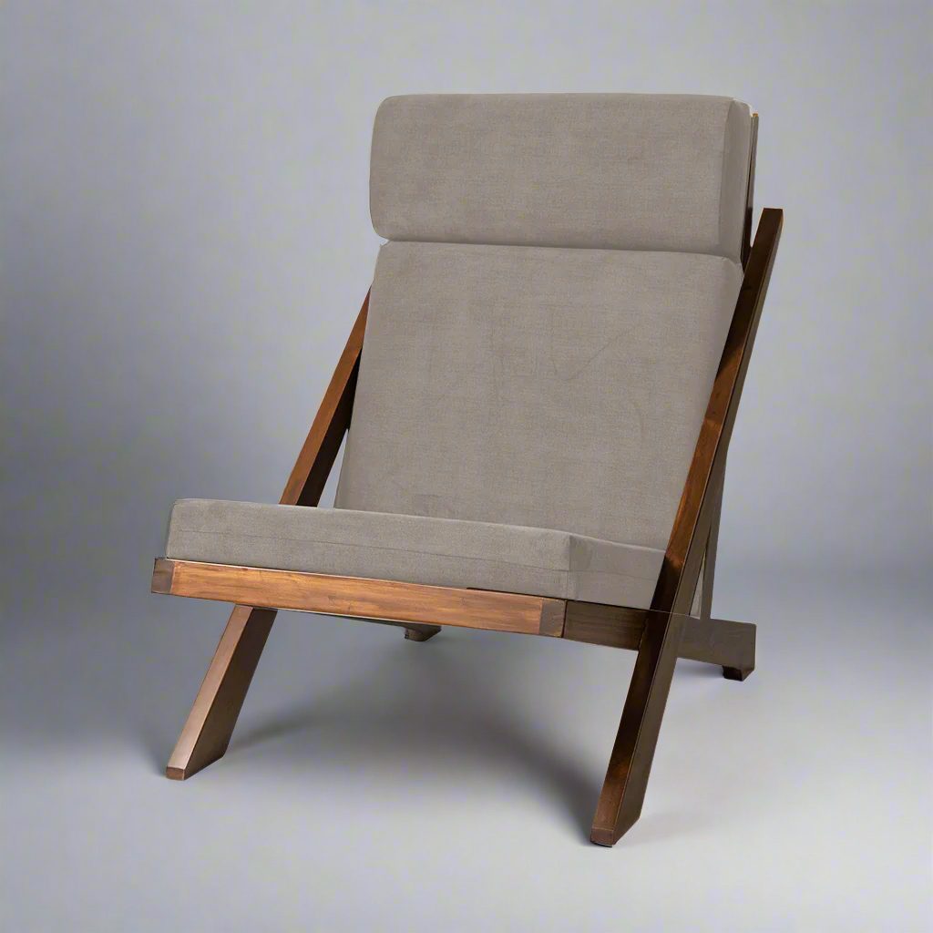 James teakwood lounge chair handcrafted by Bluedot Design – angle view - grey upholstery