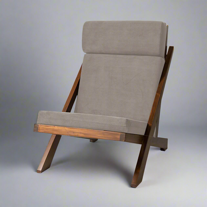 James teakwood lounge chair handcrafted by Bluedot Design – angle view - grey upholstery