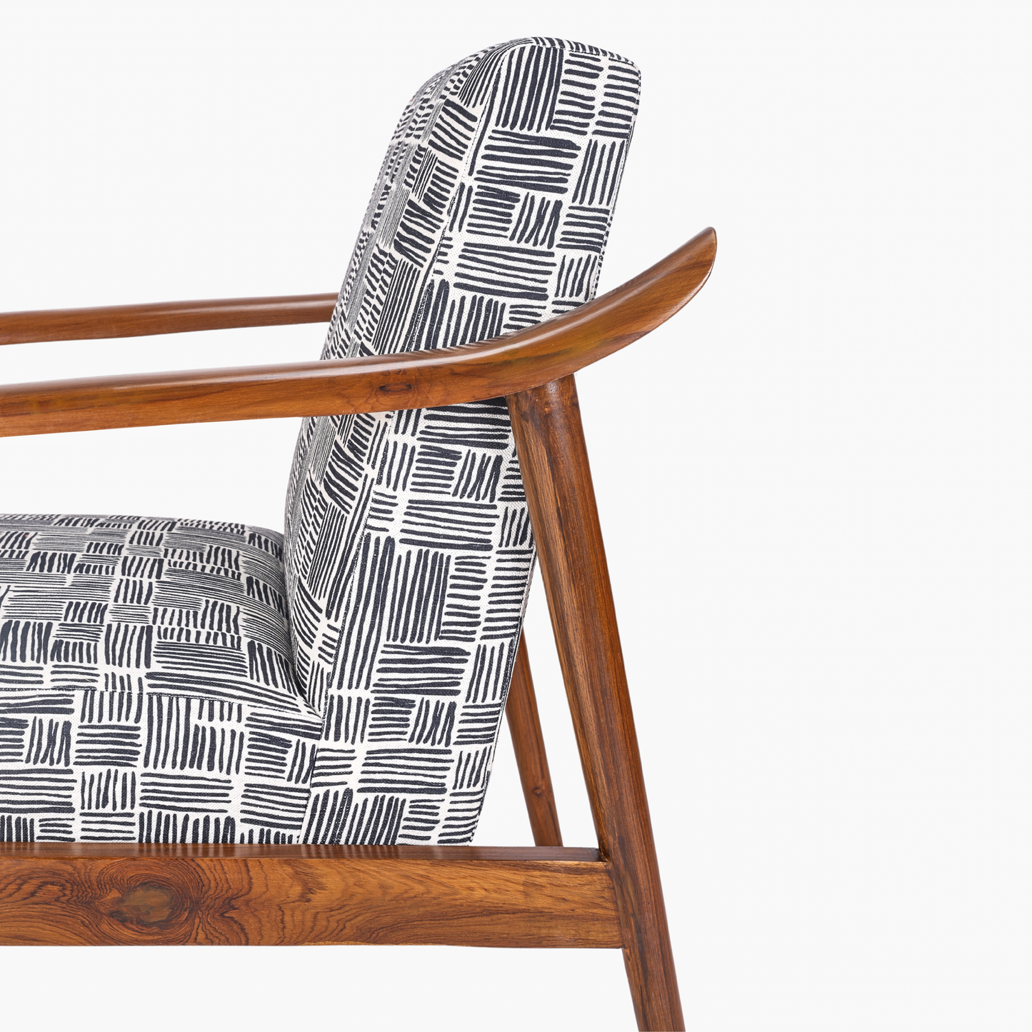 Juno wooden lounge chair handcrafted in teakwood by Bluedot Design – fabric detail