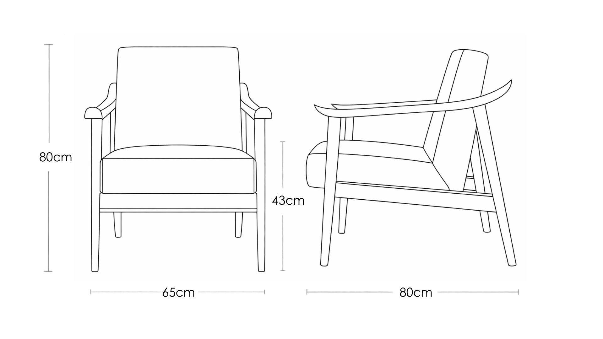 Juno wooden lounge chair handcrafted in solid wood by Bluedot Design – dimension image