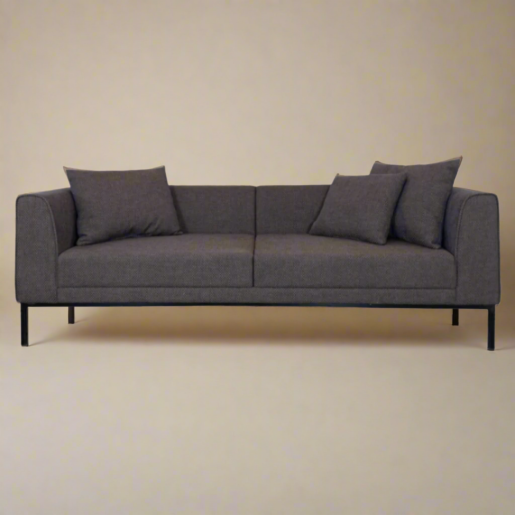 kate, a contemporary gray sofa with metal legs and multiple cushions, set against a neutral background.