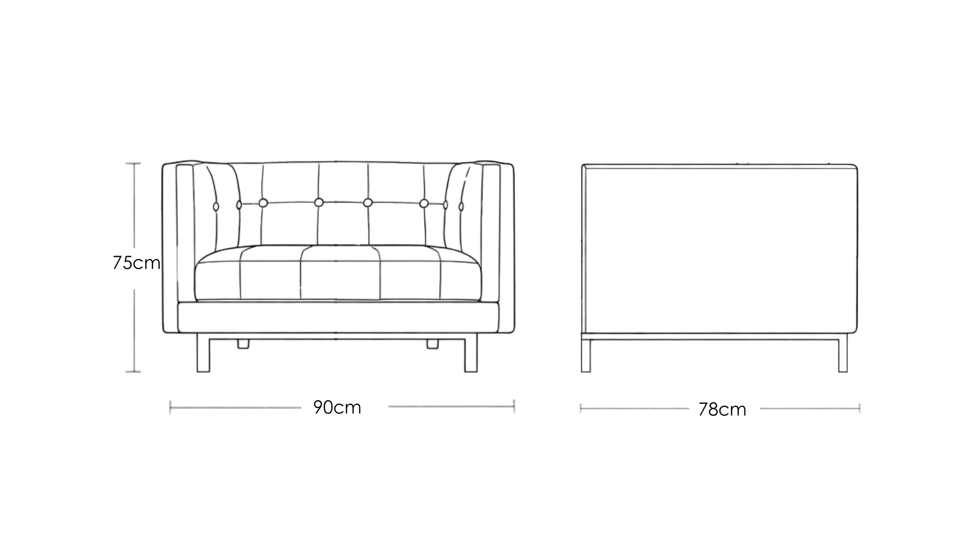 Murray mid-century modern tufted single seater sofa with upholstered seat and solid wood base – dimensions