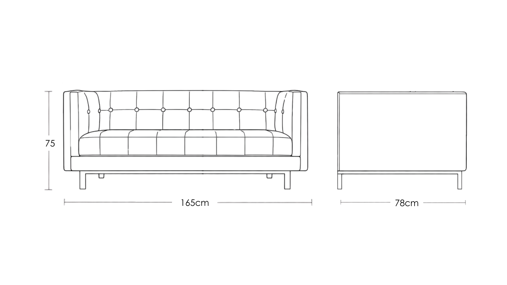 Murray mid-century modern tufted two seater sofa with upholstered seat and solid wood base – dimensions