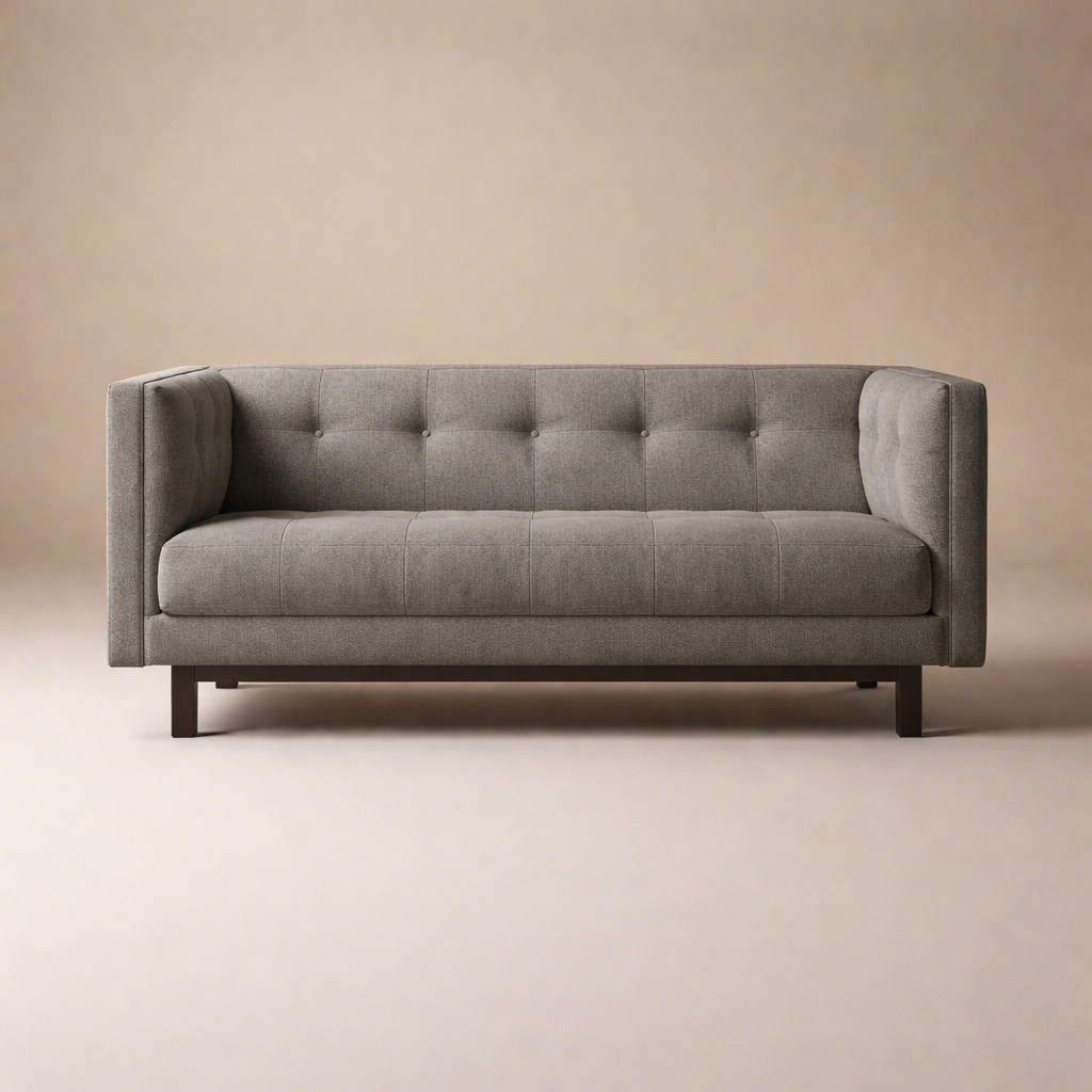 Murray mid-century modern tufted two seater sofa with upholstered seat and solid wood base – front view