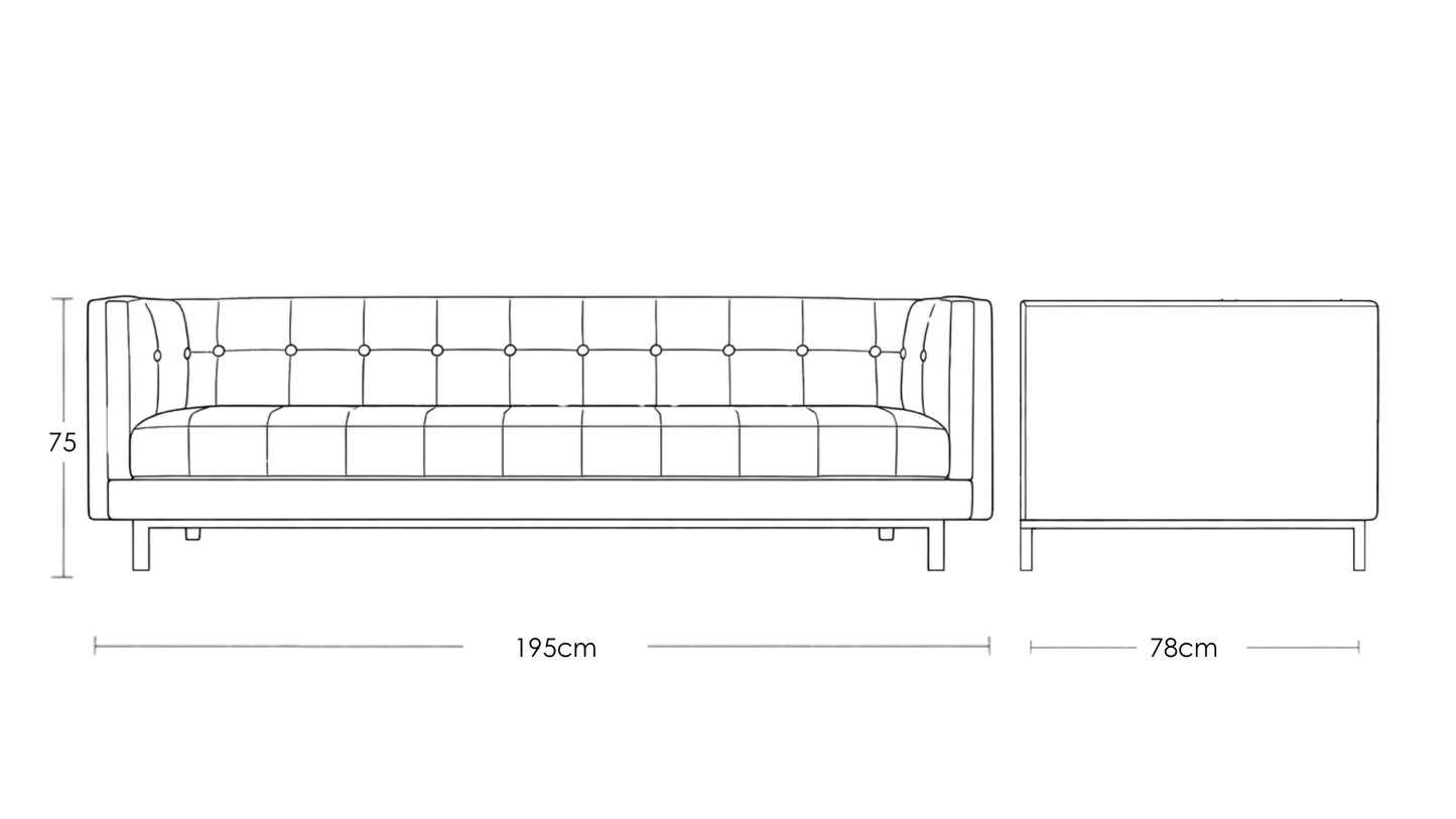Murray mid-century modern tufted three seater sofa with upholstered seat and solid wood base – dimensions