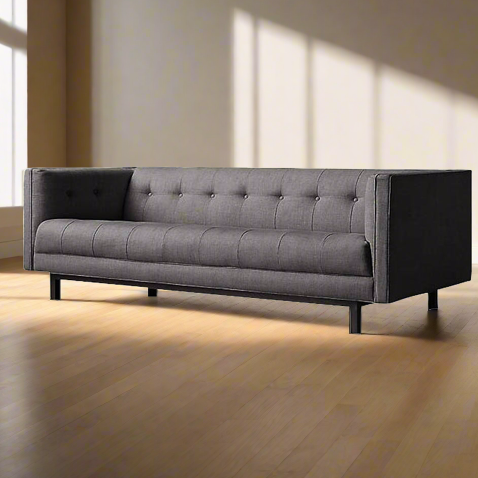 Murray mid-century modern tufted three seater sofa with upholstered seat and solid wood base – isometric view